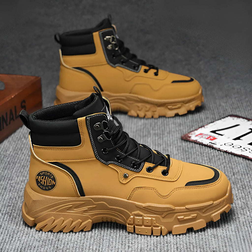 Men's black and yellow Martin boots with artificial PU upper and mid-calf length