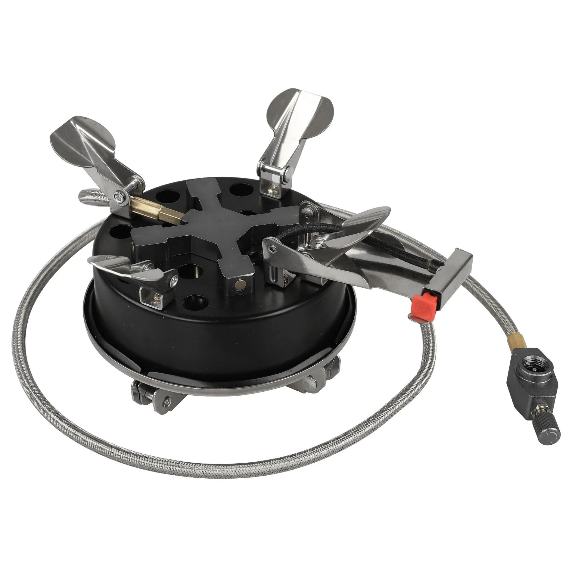 Silver portable foldable camping split stove made of stainless steel, shown with a 100cm hose.