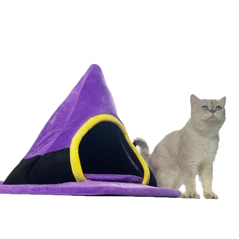 Purple Halloween witch hat shaped soft cloth cat bed for pets.