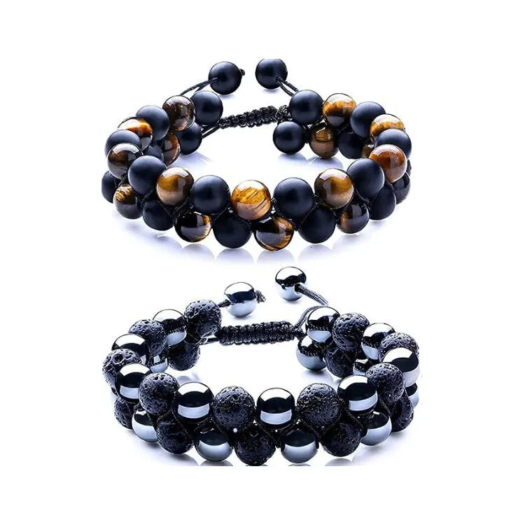 Men's double-layer woven tiger eye stone bracelet with bright magnetic clasp, blue yellow colourway