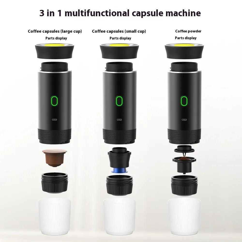 3-in-1 portable espresso maker in white with USB charging cable and ground coffee capsule compartments