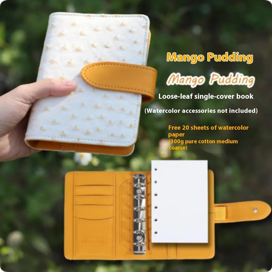 A7 size loose-leaf watercolour notebook in multiple colours, open to show 160gsm paper pages.