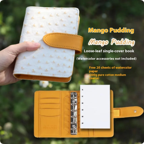 A7 size loose-leaf watercolour notebook in multiple colours, open to show 160gsm paper pages.