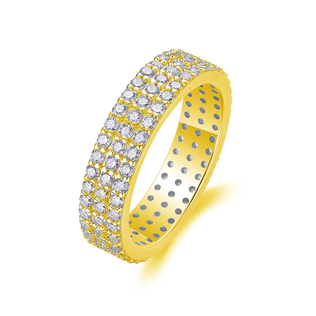 Moissanite wedding ring set in S925 silver with platinum plating, yellow gold colour, on white background