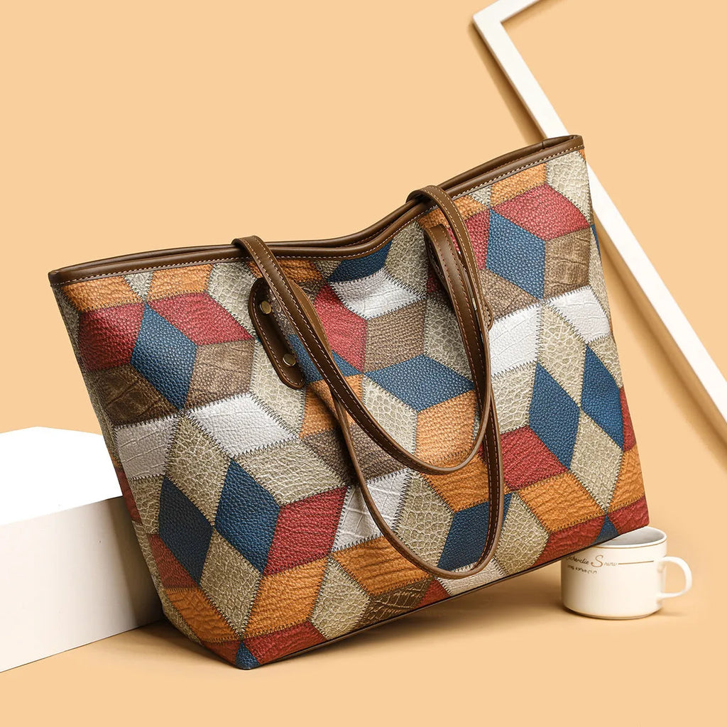Women's large capacity PVC handbag in blue brown colour with sandwich pocket design