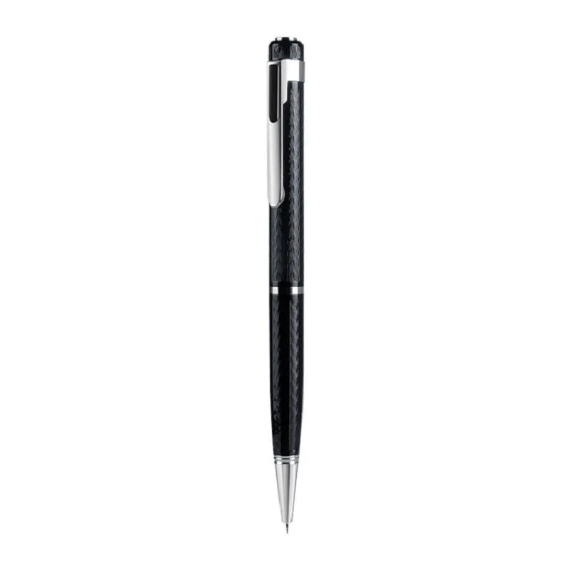 Black pen-shaped digital voice recorder with zinc alloy casing shown next to its accessories.