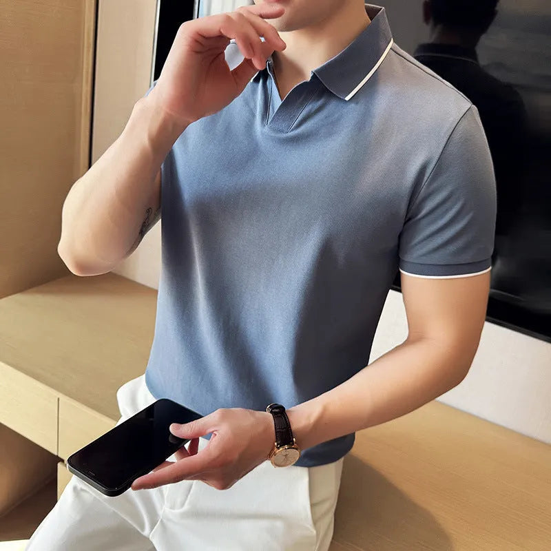 Men's short sleeve polo shirt in mercerized cotton blend fabric with lapel collar, shown in multiple colour options
