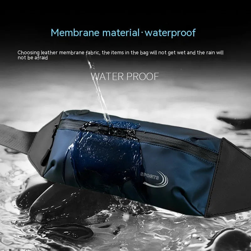 Men's waterproof waist bag in Oxford polyester with adjustable belt showing black, blue, and grey colour options