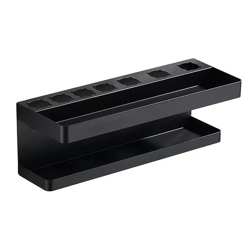 White aluminium double-layer bathroom storage rack holding hair curlers with adhesive wall mounting