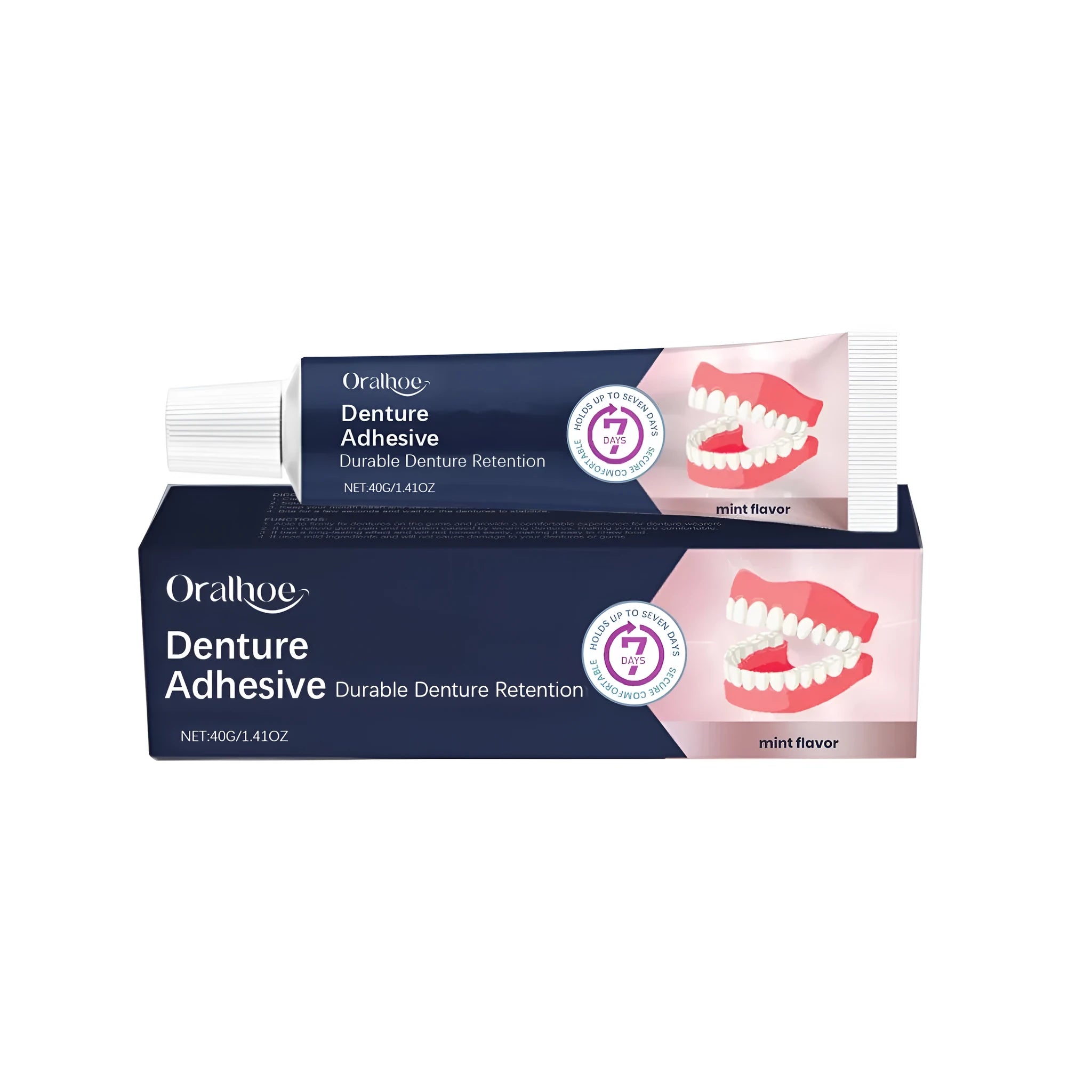 40g tube of extra strong denture fixing adhesive cream with menthol flavour and applicator nozzle