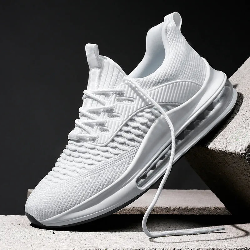 Men's black low-top mesh running shoes with white rubber sole and lace-up front.