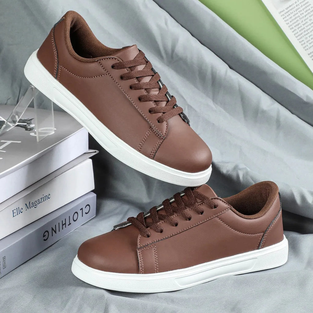 Platform skateboard casual sneakers in beige brown with round toe and cross belt detail