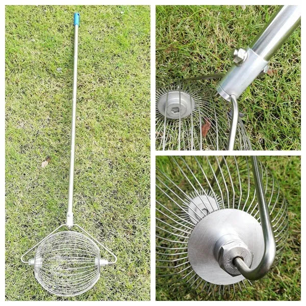 Metallic coloured 304 stainless steel golf ball picker retriever on a green.