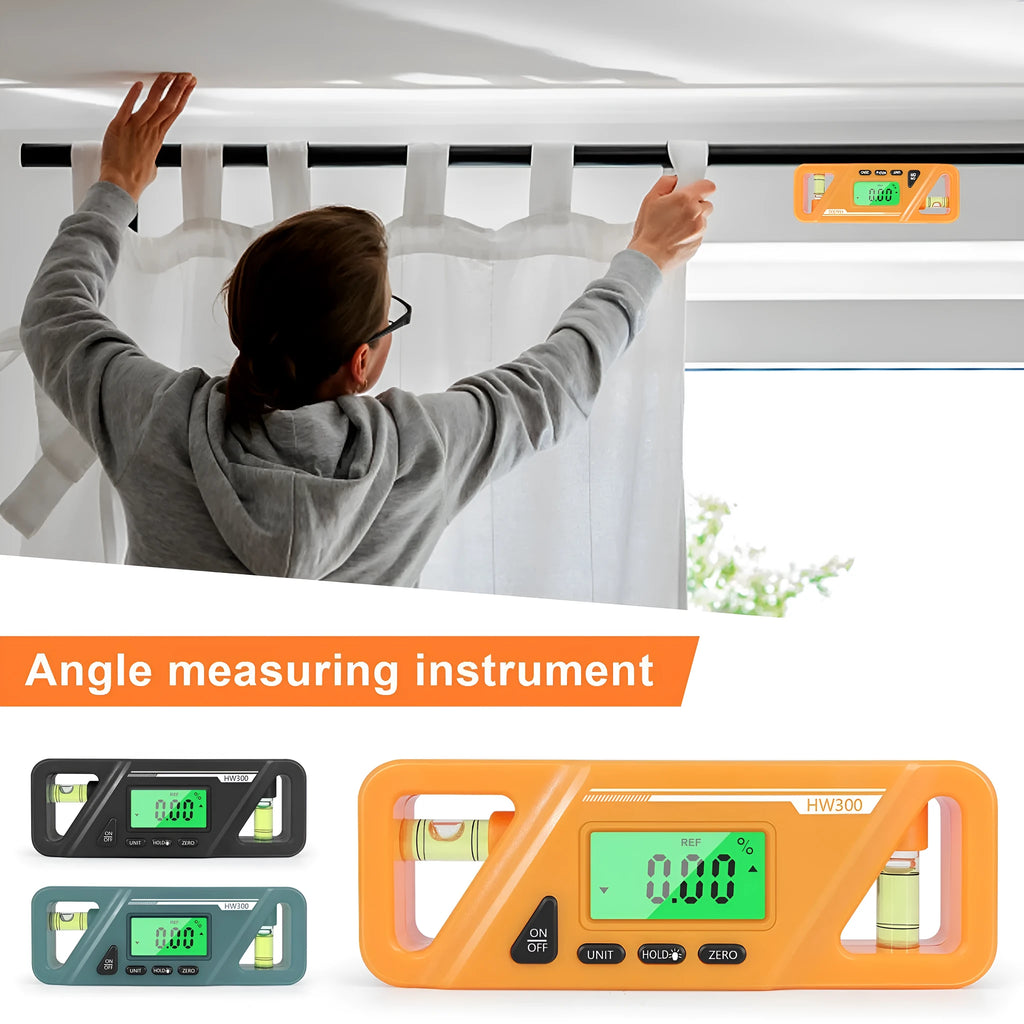 Plastic digital inclinometer level meter with magnetic base and LCD display showing angle measurement.