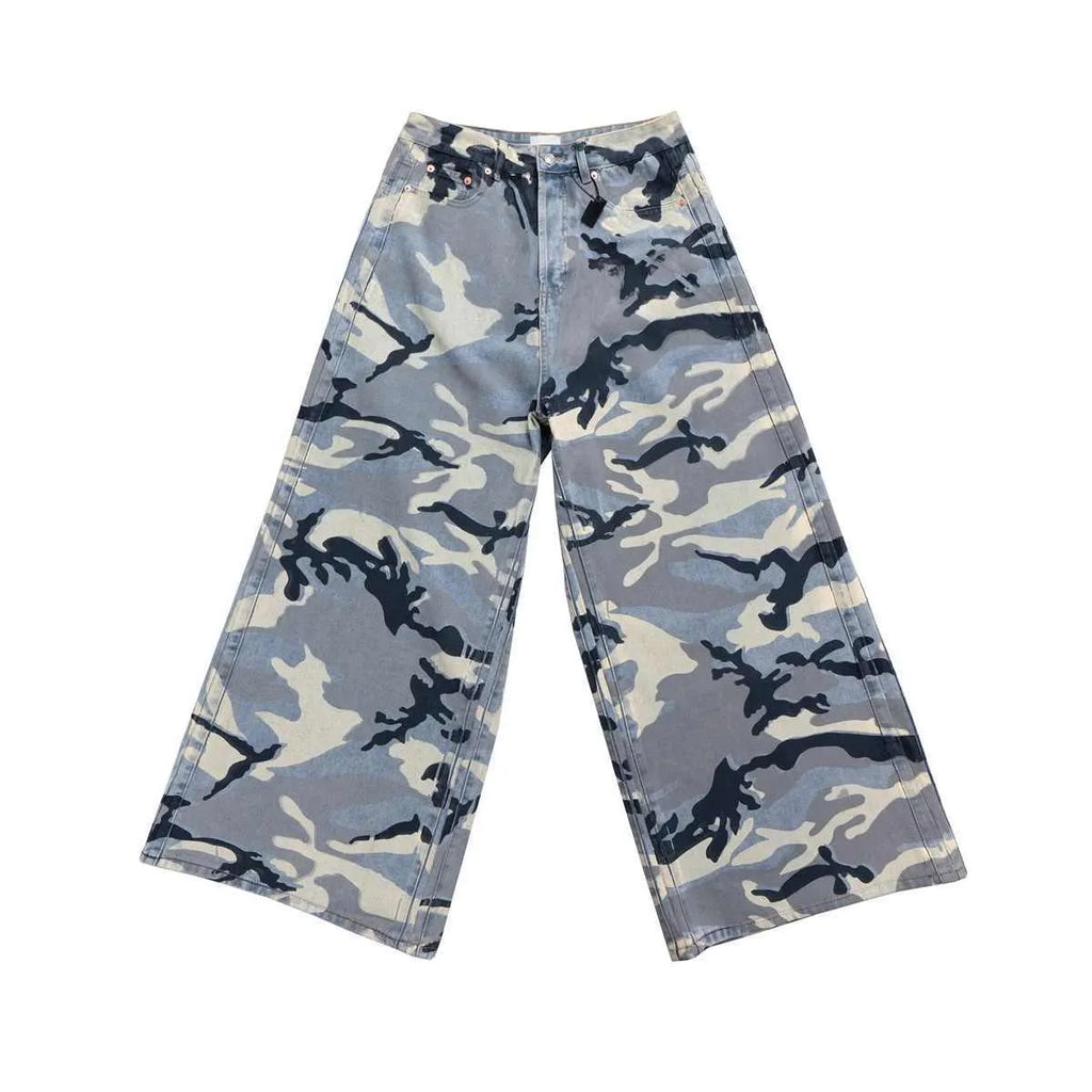 Snow camouflage blue loose-fit jeans with micro-elastic cotton denim fabric and mid-waist design
