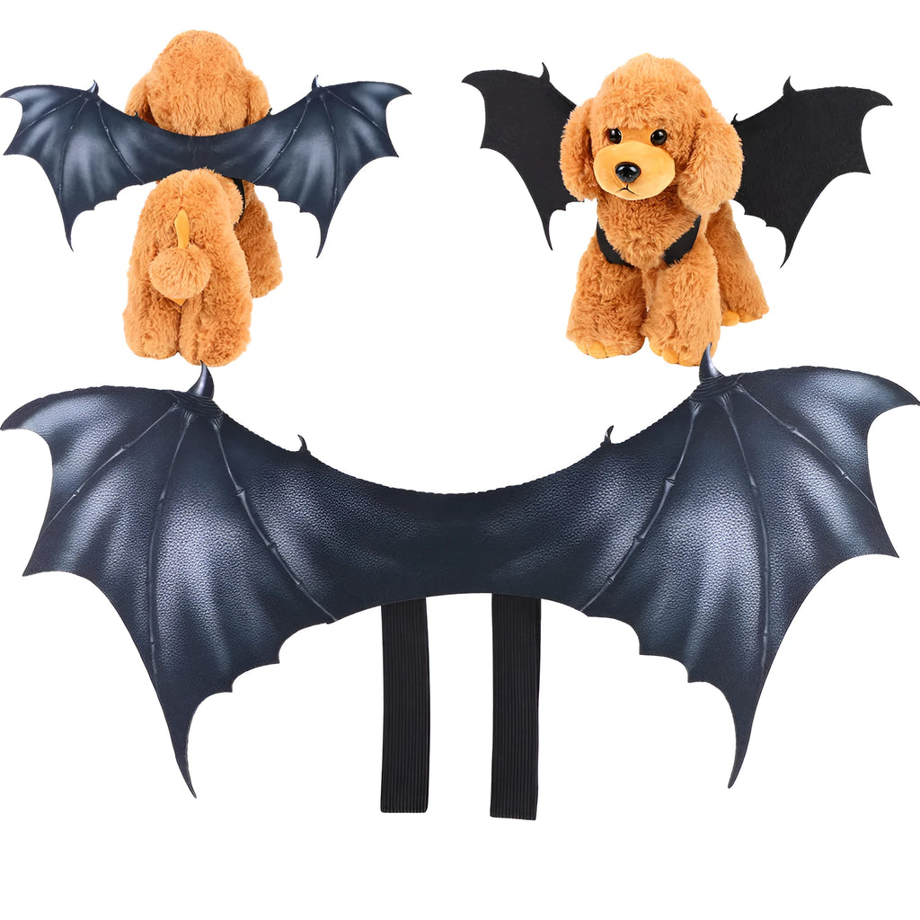 Black fabric bat wing costume for a pet dog or cat, showing elastic straps.