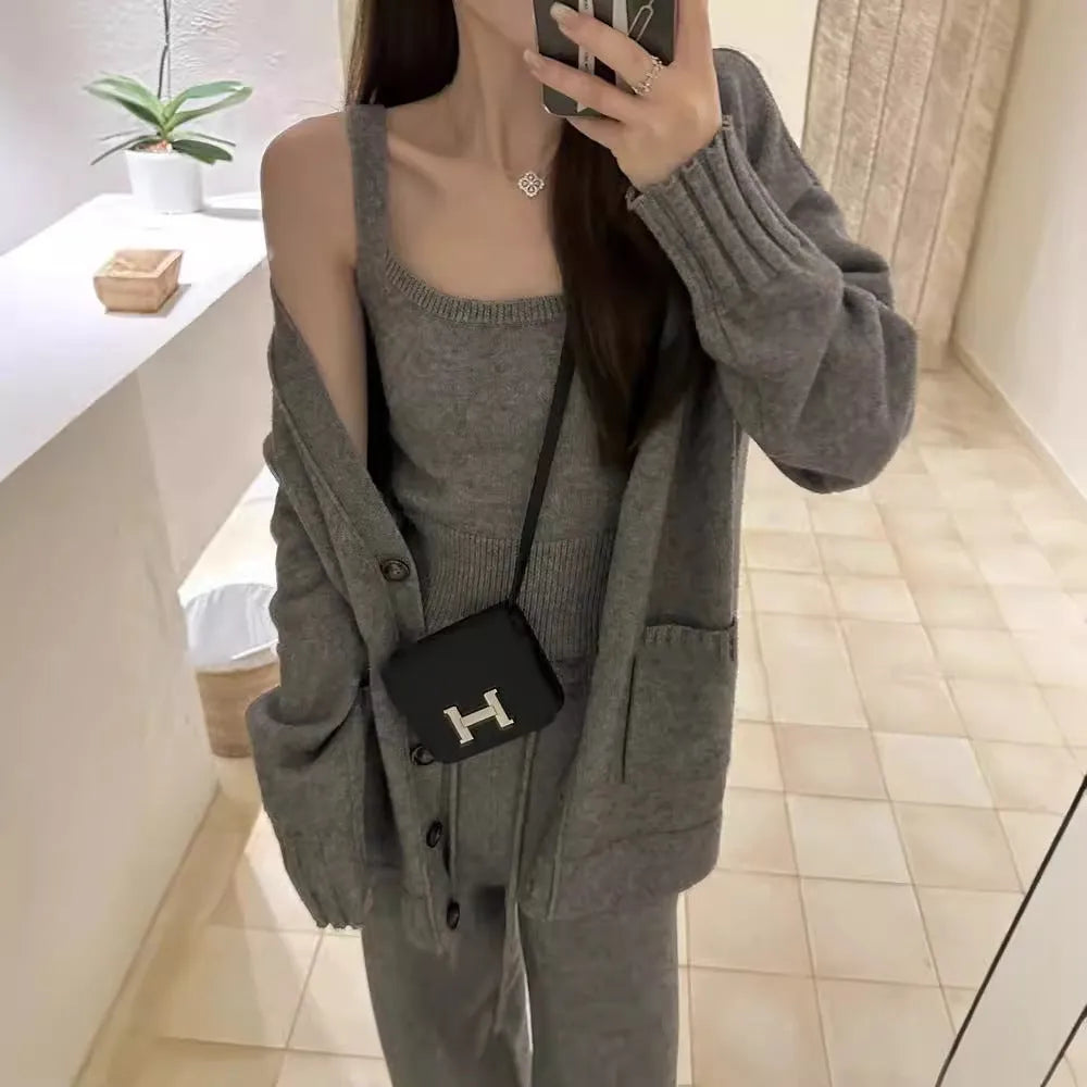 Women's knit cardigan vest suspender pants three-piece set in Japanese Korean casual style