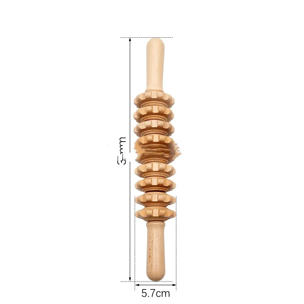 Natural beech wood massage roller set with multiple wheel designs for lymphatic drainage and skin texture improvement