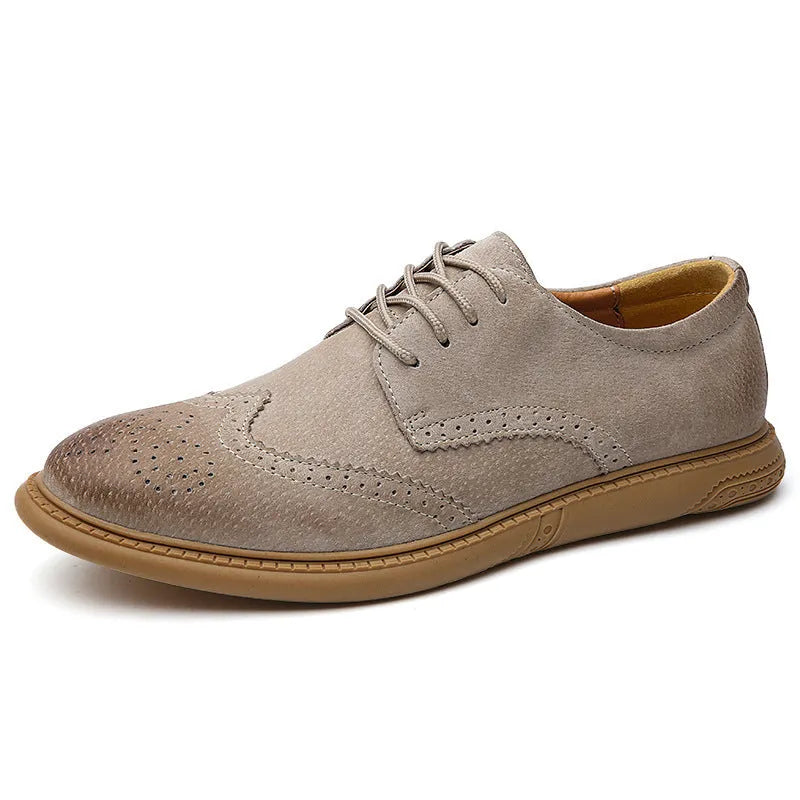 Men's black leather business formal lace-up shoes with a low top and rubber sole.