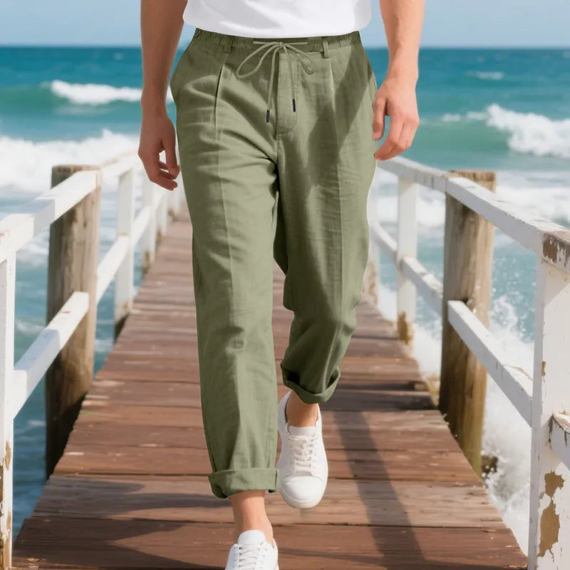 Men's linen casual trousers in loose straight fit with drawstring waist in various colours