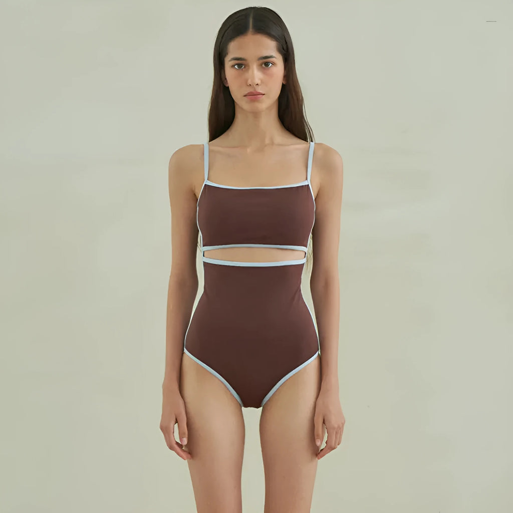 Brown triangle one-piece swimsuit for women with sexy pattern design