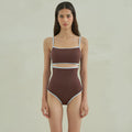 Brown triangle one-piece swimsuit for women with sexy pattern design