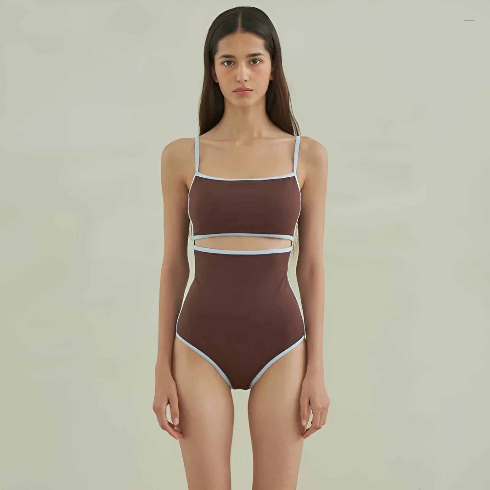 Brown triangle one-piece swimsuit for women with sexy pattern design
