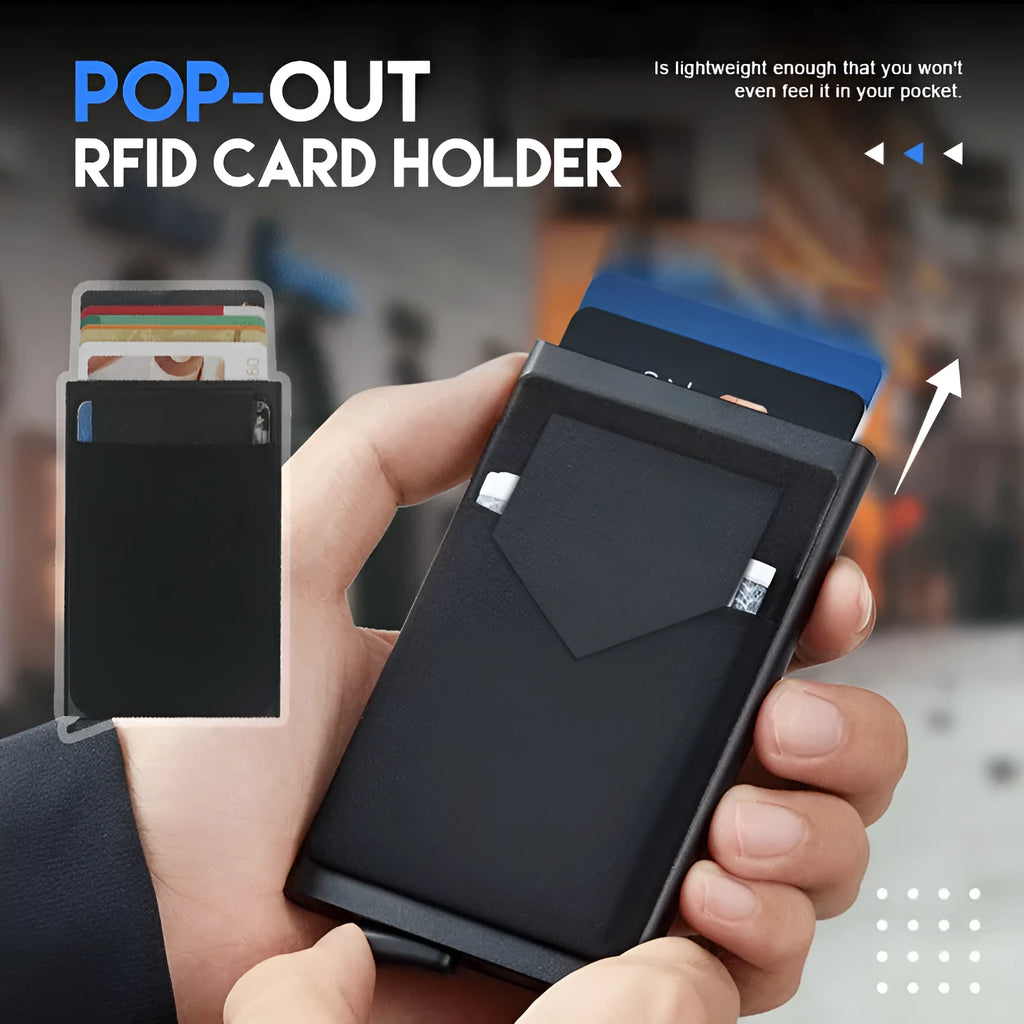 Frosted aluminium metal credit card holder in multiple solid colours showing slim profile