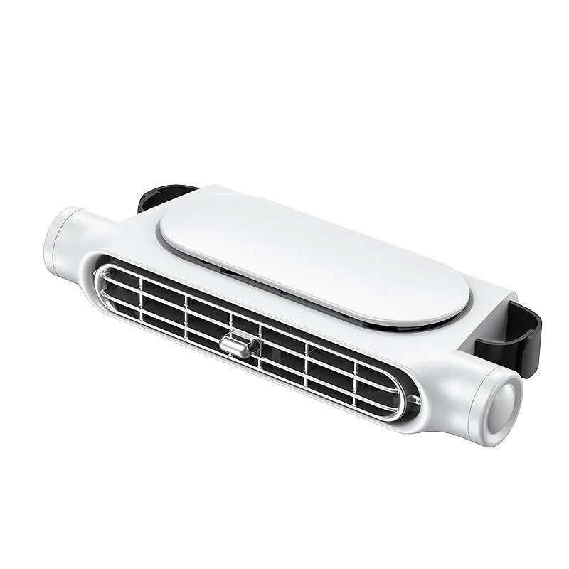 USB car seat fan with velcro strips in black, white, and beige colour options on a car headrest