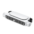 USB car seat fan with velcro strips in black, white, and beige colour options on a car headrest