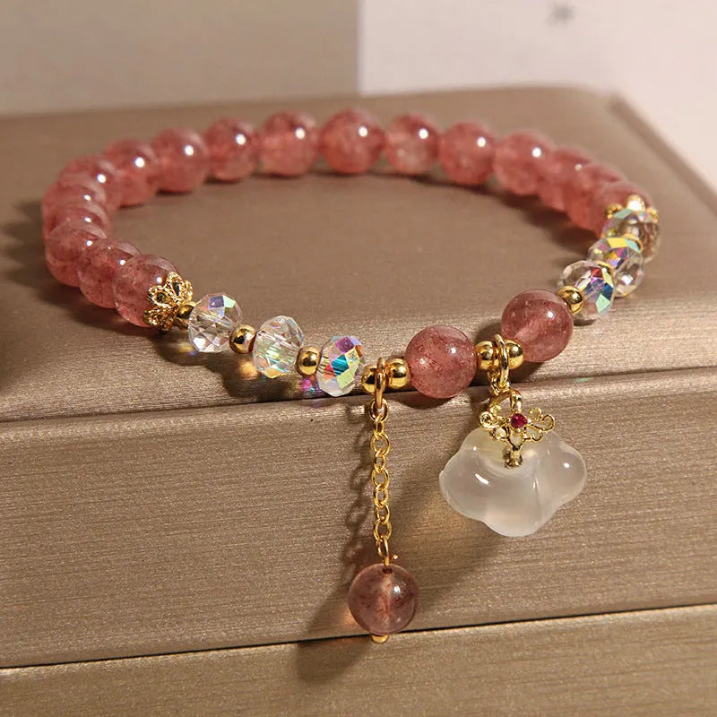 Adjustable strawberry quartz and white agate crystal bracelet with auspicious cloud charms