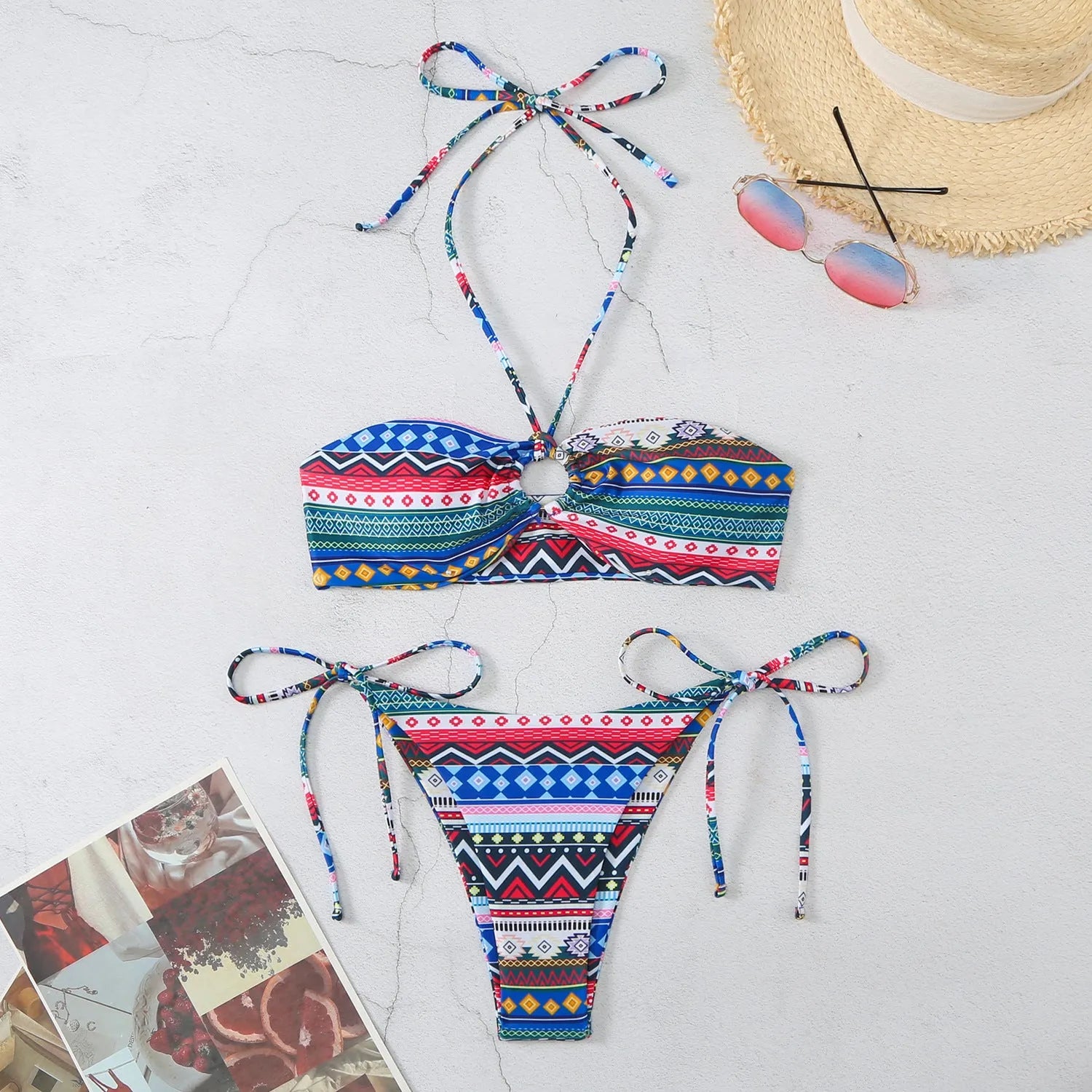 Women's halter-neck bikini swimsuit with split briefs in blue, yellow, green stripe orange grid, and green stripe red plaid colours