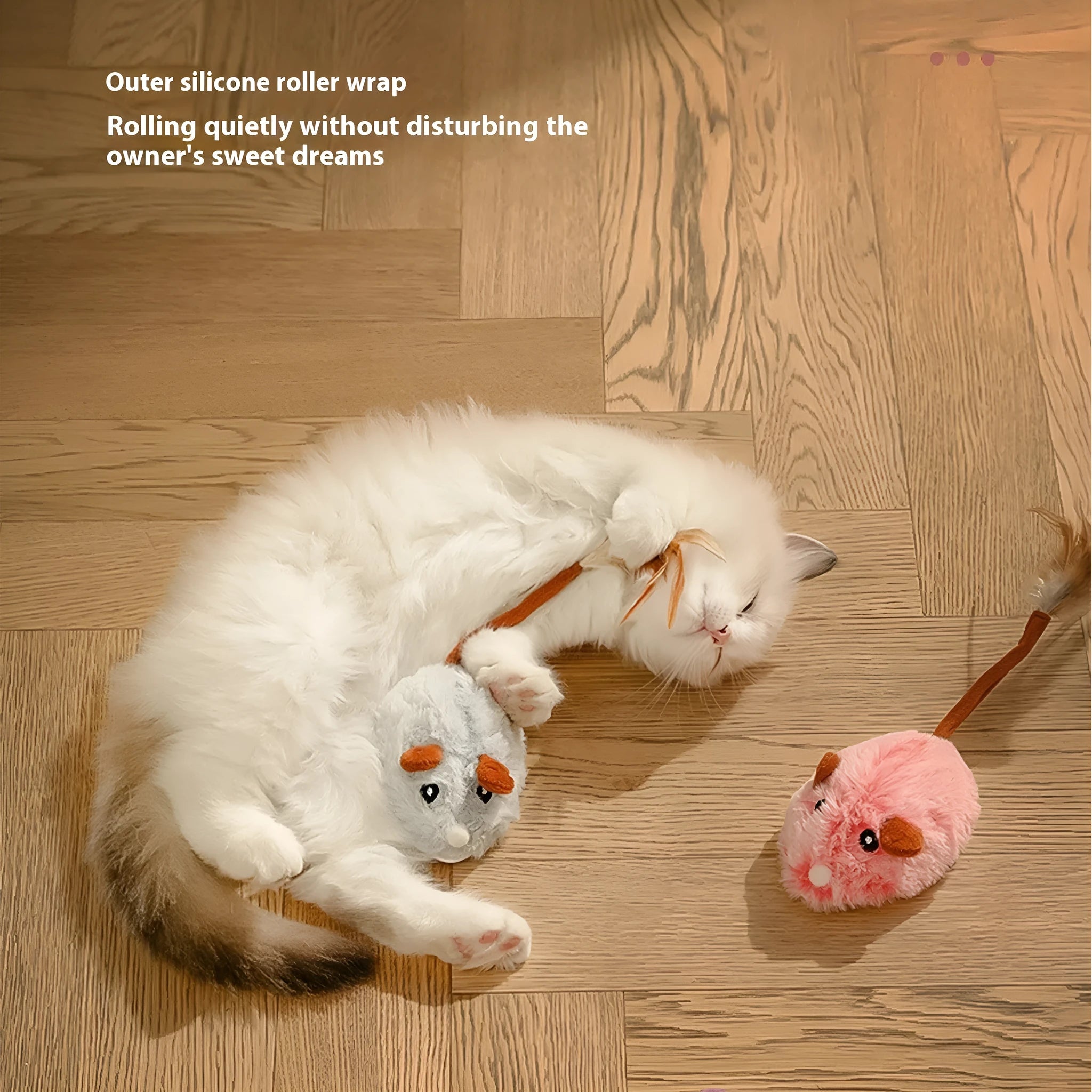 Electric self-hi cat toy with plush mouse on a pole, in pink, grey, or purple.