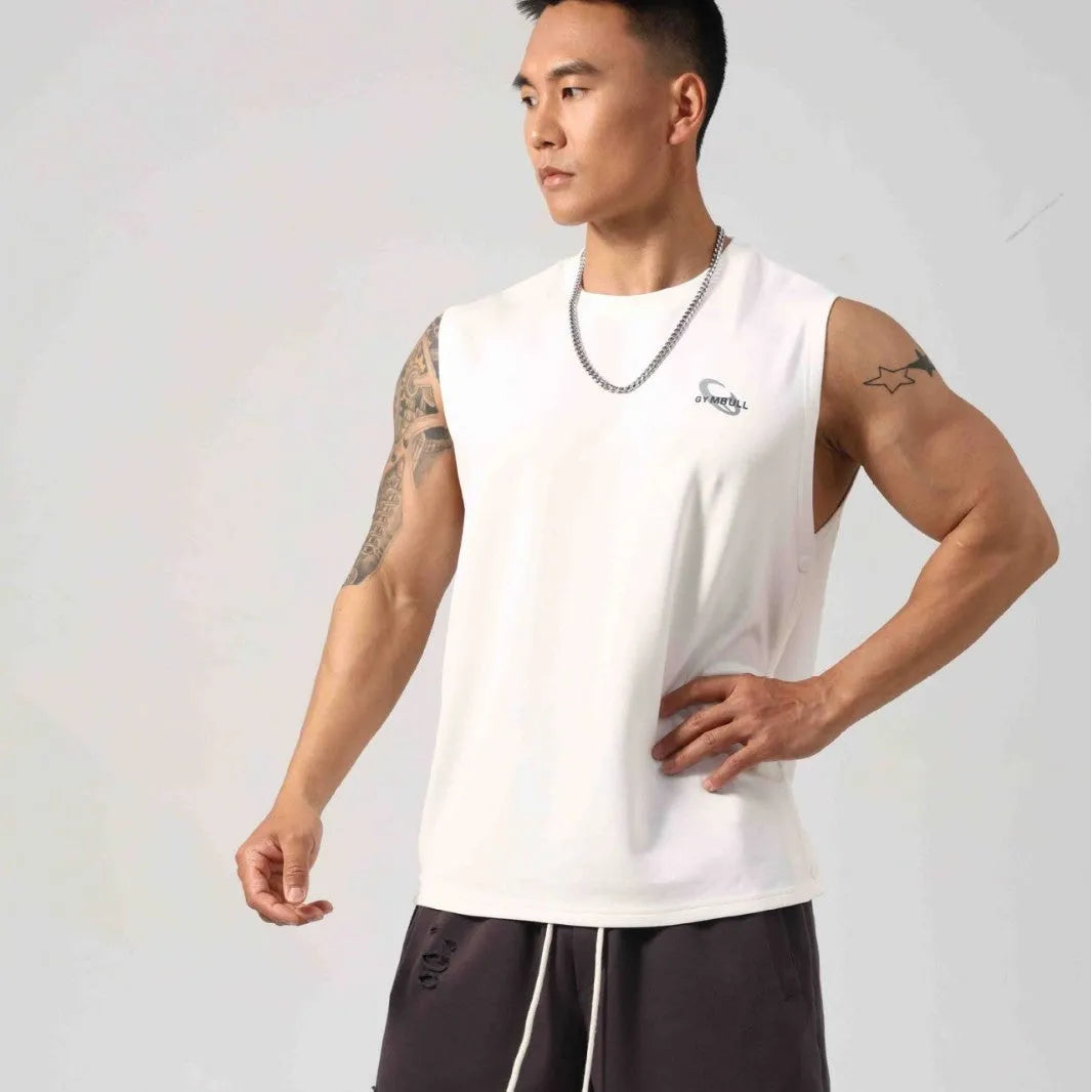Korean style loose cotton fitness vest with hidden hook side openings in solid colour
