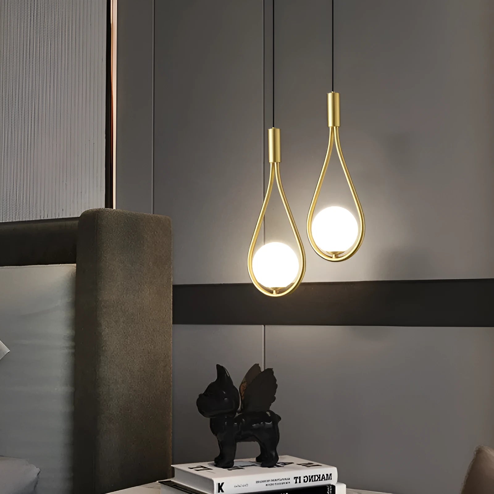 Modern minimalist bedside chandelier lamp for bedrooms with copper or black and gold finishes