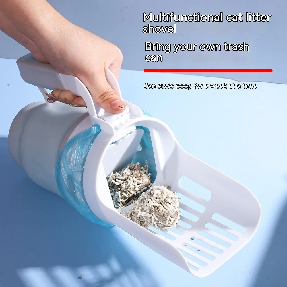 Grey foldable cat litter scoop with integrated waste collection bin and refill bags.