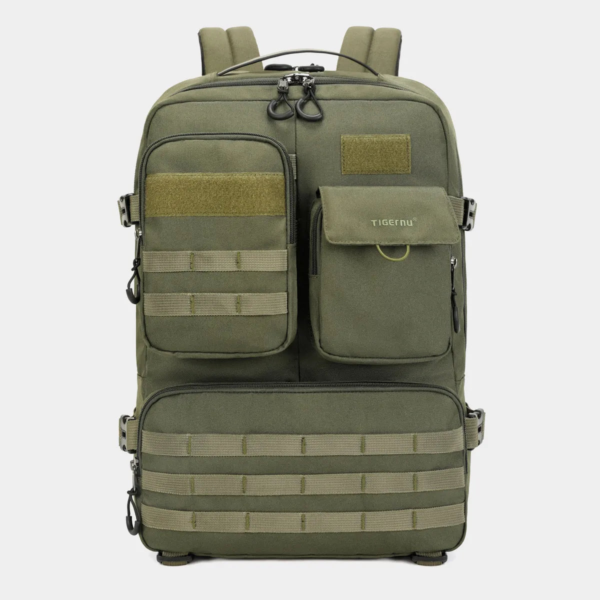 Army Green waterproof tactical backpack showing 17-inch size and main compartment