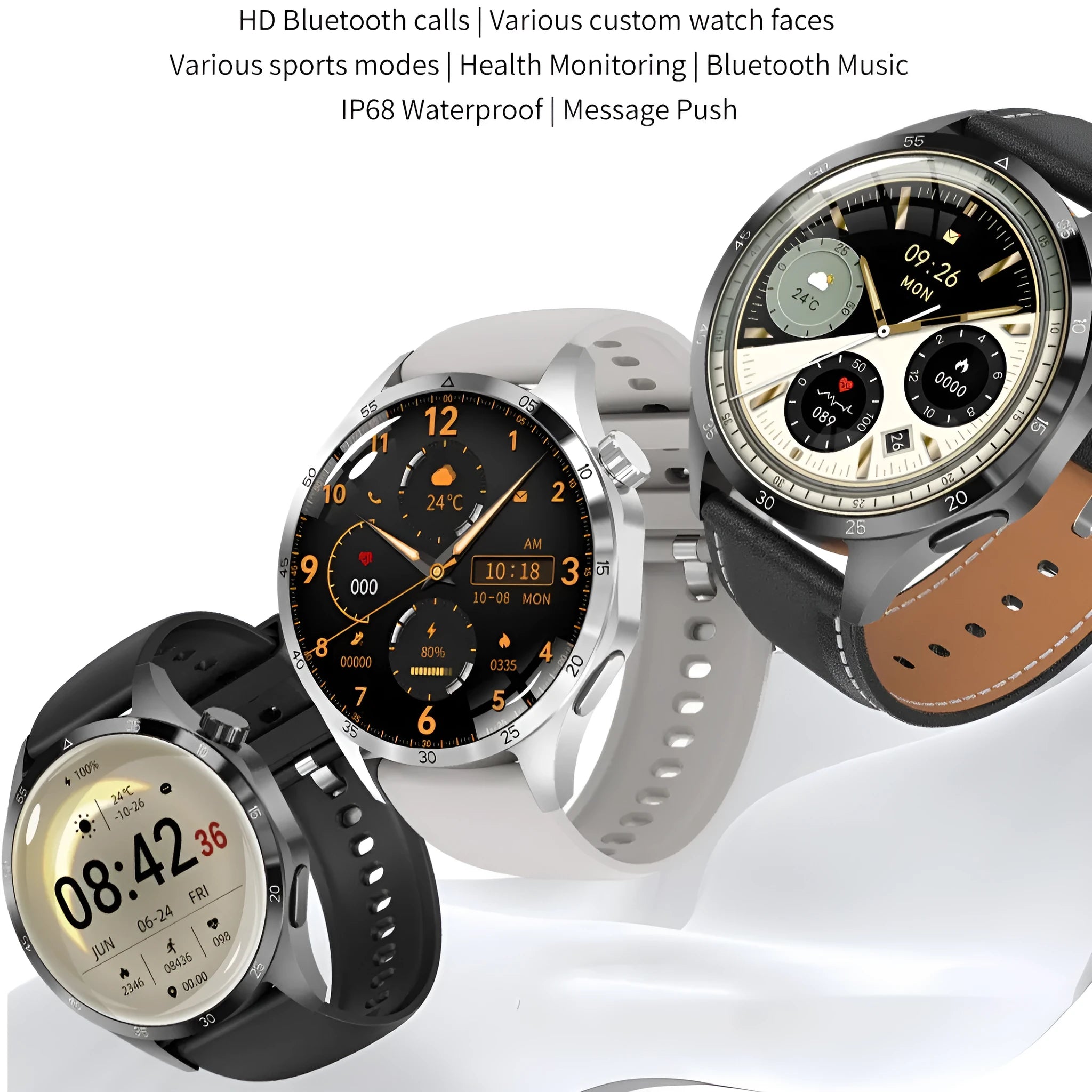 Black smartwatch with Bluetooth calling on a silicone strap, displaying health metrics on its TFT touch screen.