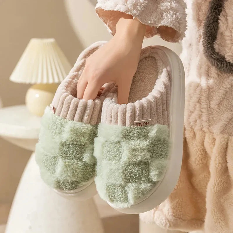 Plaid pattern women's plush slippers with round toe and non-slip sole in multiple colours