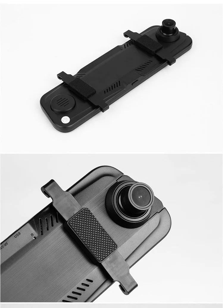10-inch full-screen dash cam with front and rear dual lenses displaying road footage on its touchscreen