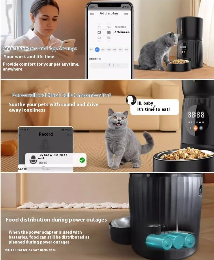 Black and white intelligent pet feeder with USB cable for automatic timing and quantitative remote feeding