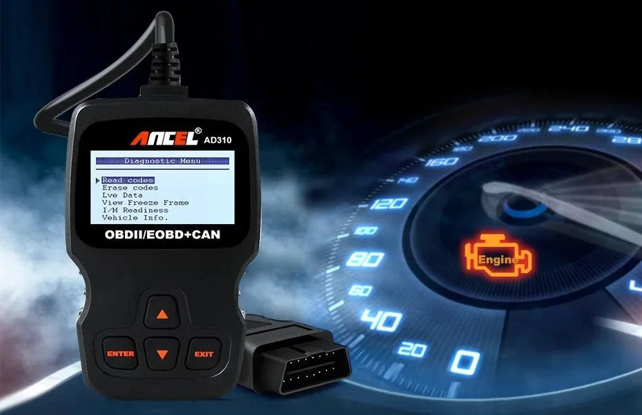 Black universal auto scanner code reader for OBD2 engine fault detection with 12V power supply