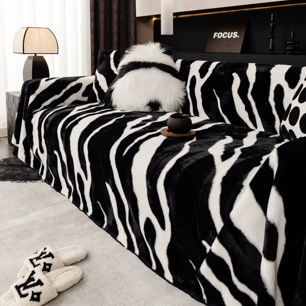 Zebra pattern flannel sofa cover on furniture in caramel colour with matching pillowcase