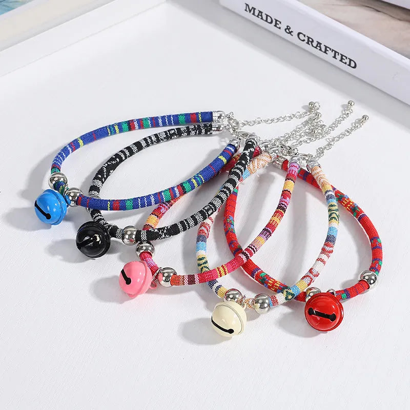 Colourful ethnic pattern adjustable pet collar with bell in multiple colour options
