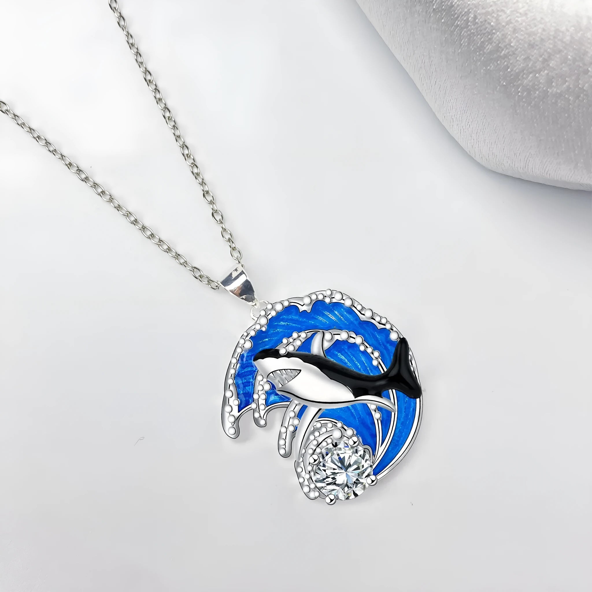 Women's shark necklace with copper pendant on cross chain, electroplated animal jewellery