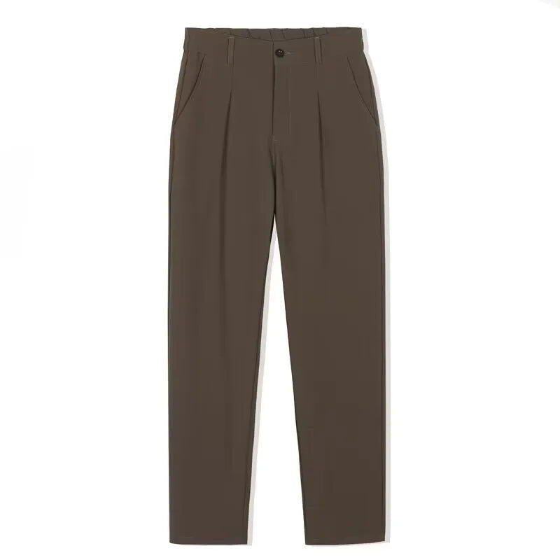 Men's slim fit straight casual trousers in black, brown, dark gray, and khaki cotton blend fabric sizes 28 to 40