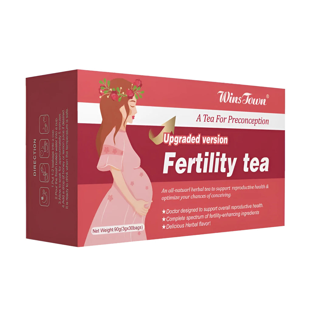 Box of fertility tea containing three packs with 30 tea bags each for reproductive health support