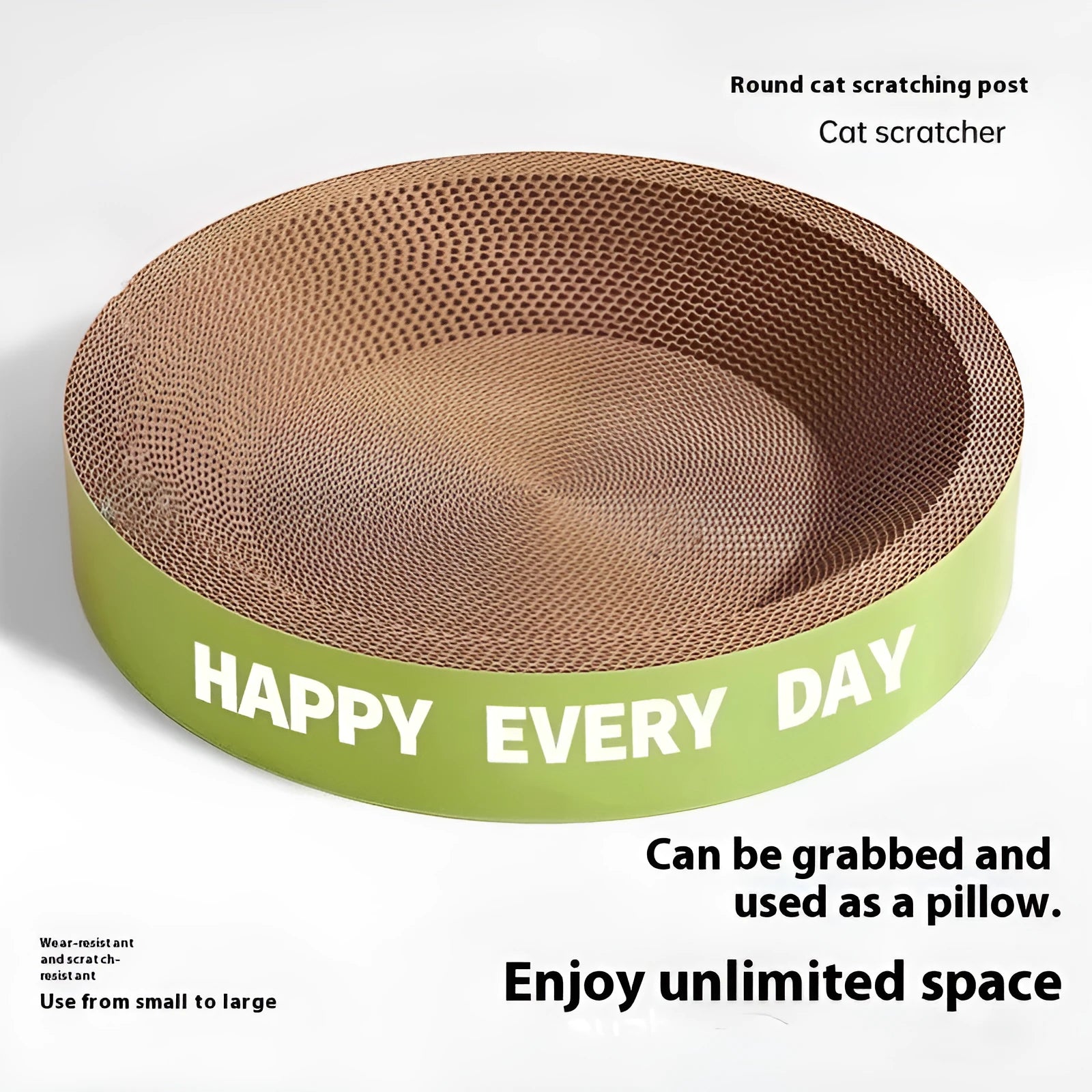 A green round cat nest with a built-in scratching board, shown in 50cm and 55cm size options.