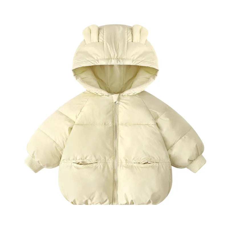 Cartoon children's down and wadded jacket in solid colour, polyester filling, Korean style, available in brown black pink Milky White for 90-130cm height.