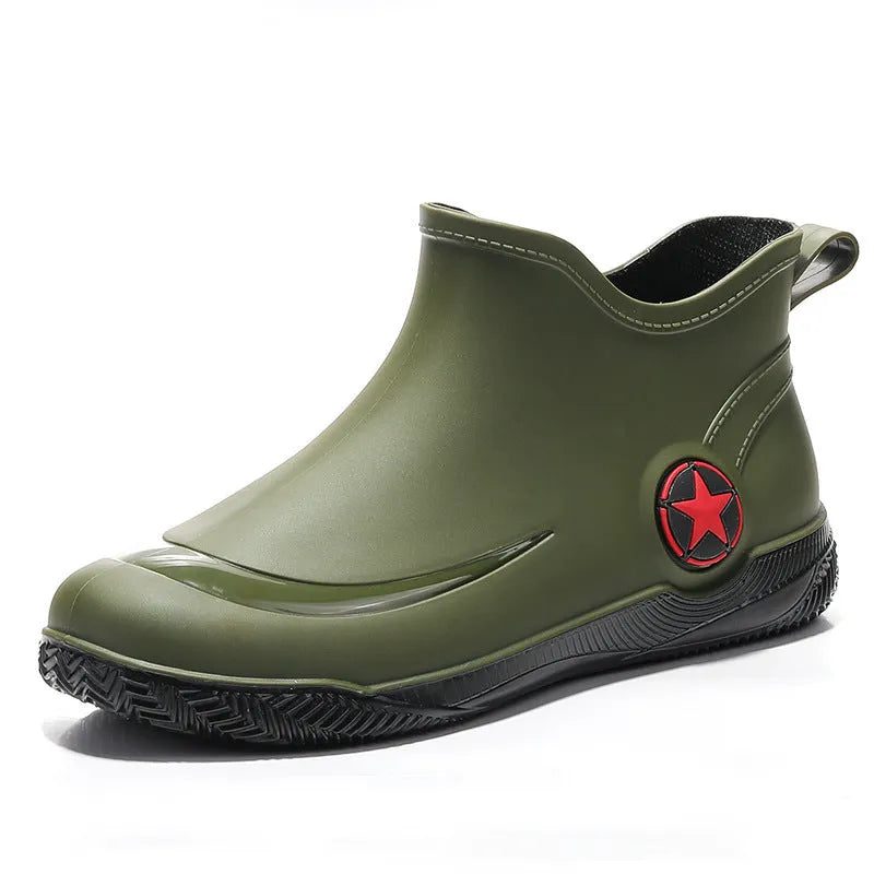 Men's low-cut rain boots in army green with non-slip PVC sole and short top